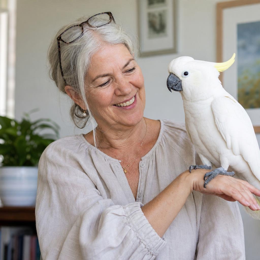 A smiling silver-haired woman at home with her calm white cockatoo perched on her forearm