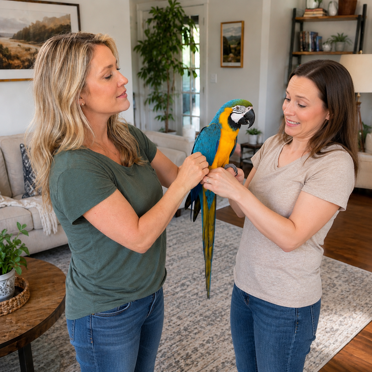 Two women carefully handling a blue and gold macaw in a living room