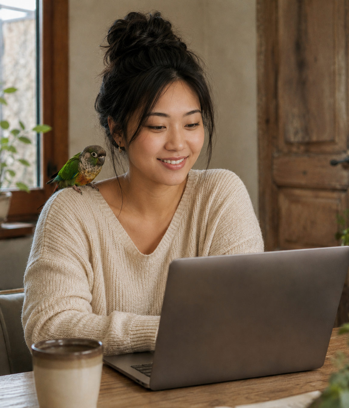 A woman learning at her laptop with a small conure perched on her shoulder