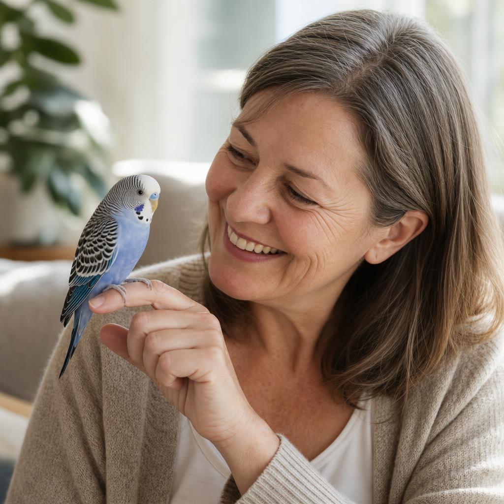 A smiling woman at home with her blue budgie perched calmly on her fingertip