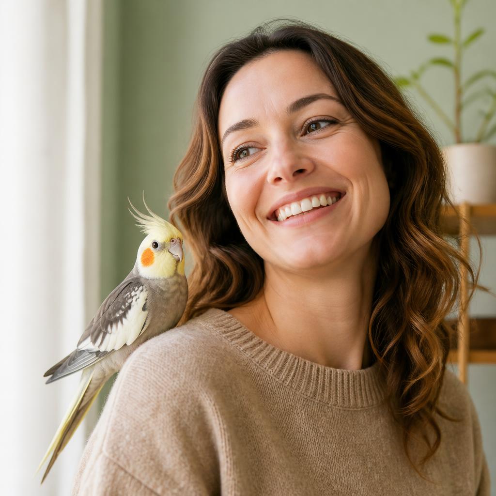 A relieved owner with a calm cockatiel on her shoulder