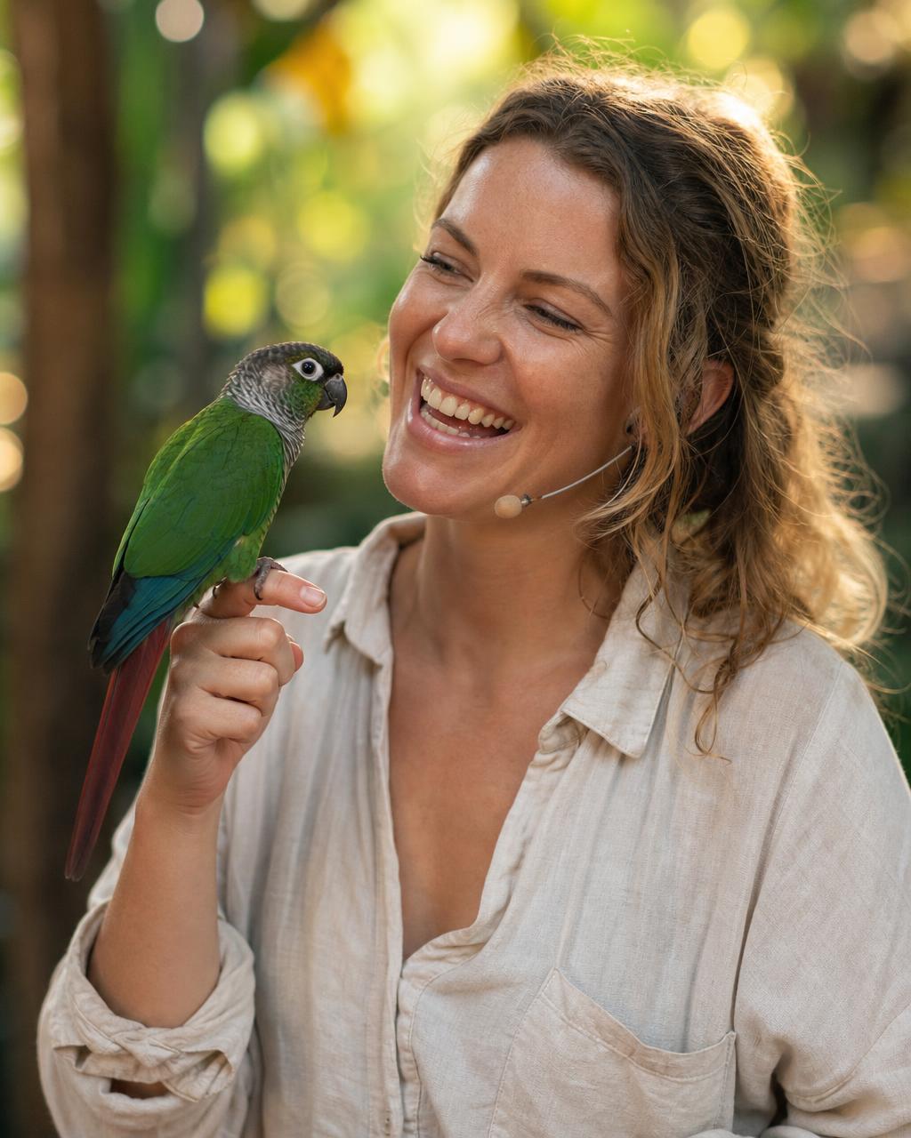 Certified parrot trainer laughing with a calm green cheek conure stepping up onto her finger in warm golden light