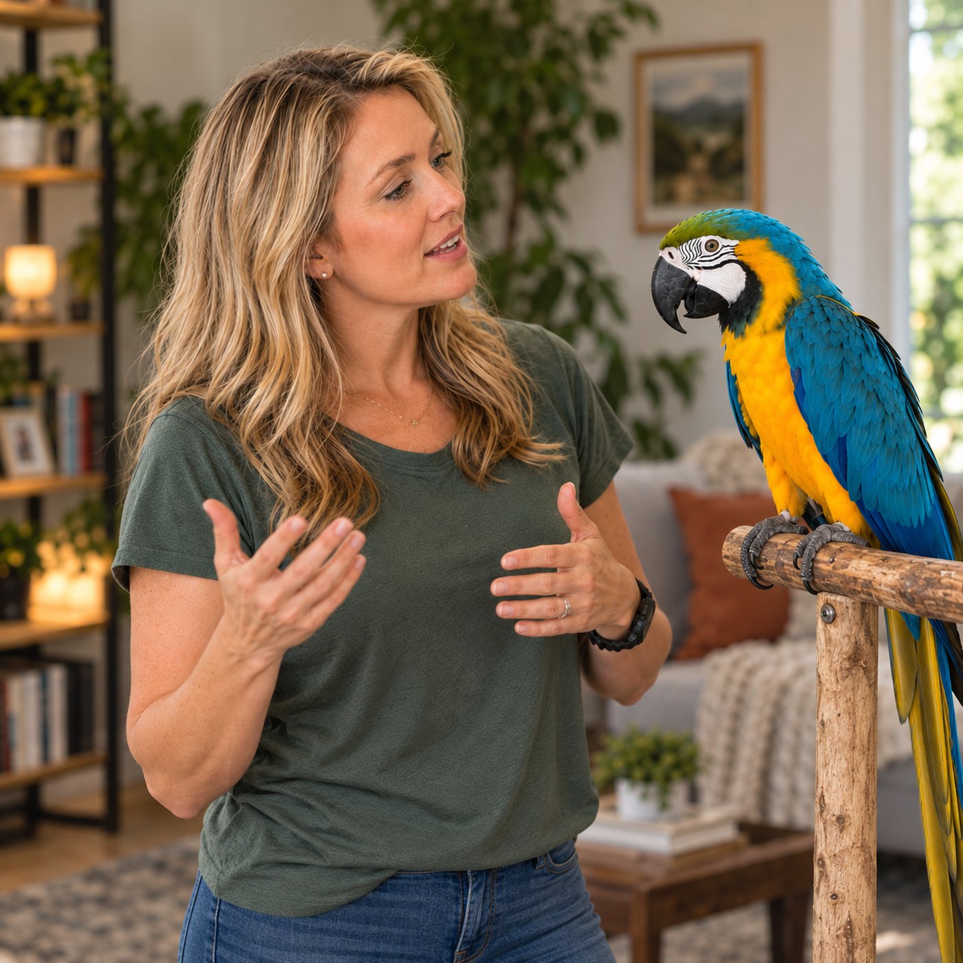 Parrot trainer speaking with a blue and gold macaw perched on a stand