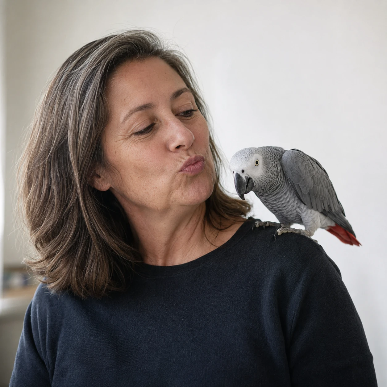A woman kissing an African Grey parrot perched on her shoulder