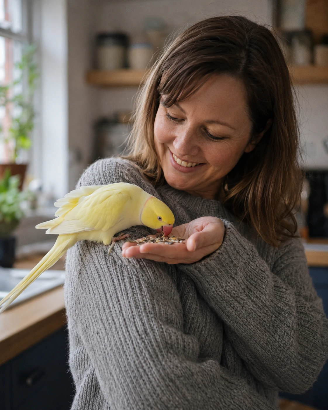 A woman smiling while hand-feeding a calm yellow parrot