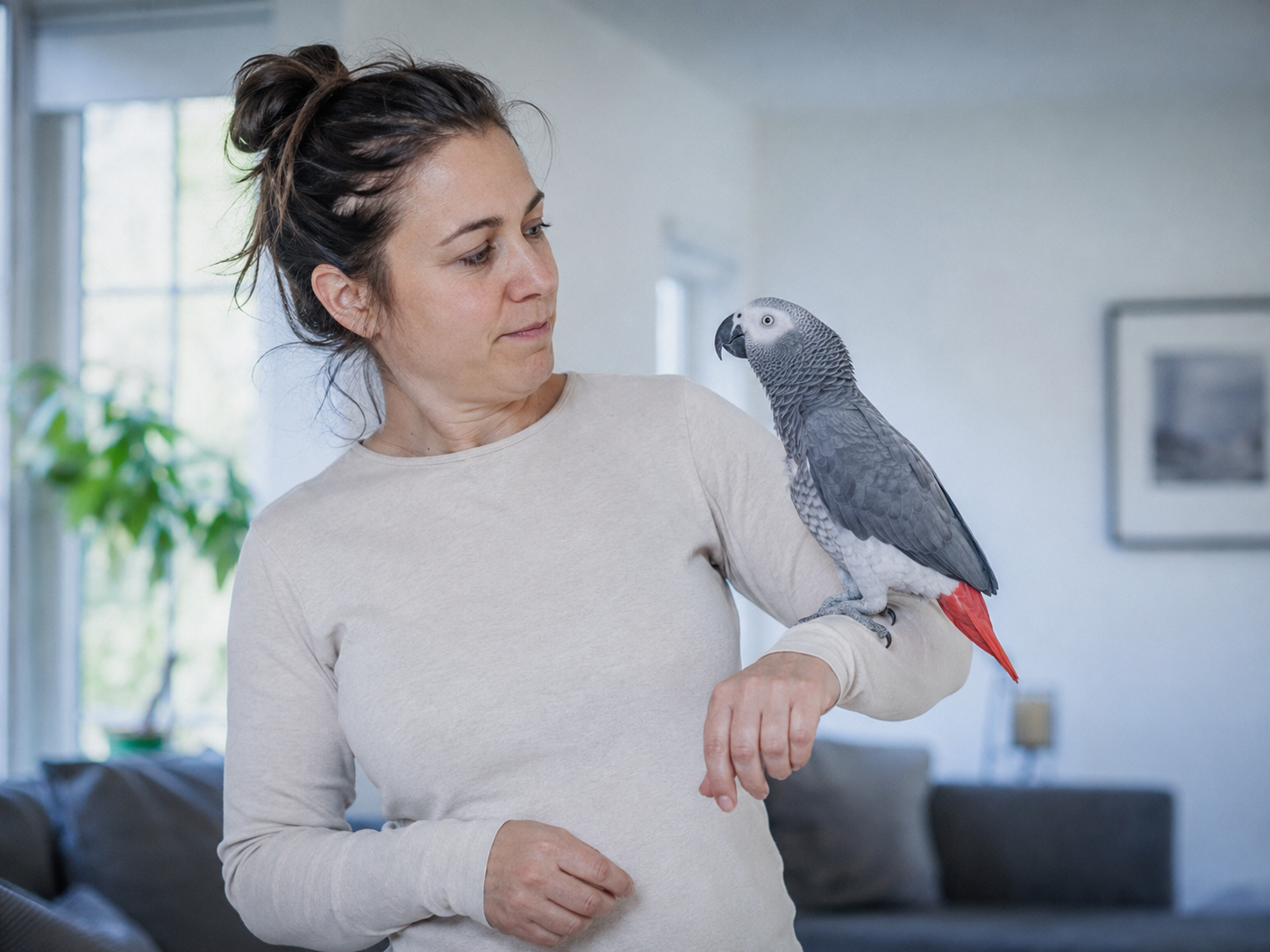 A woman keeping her distance from an African grey parrot perched on her arm