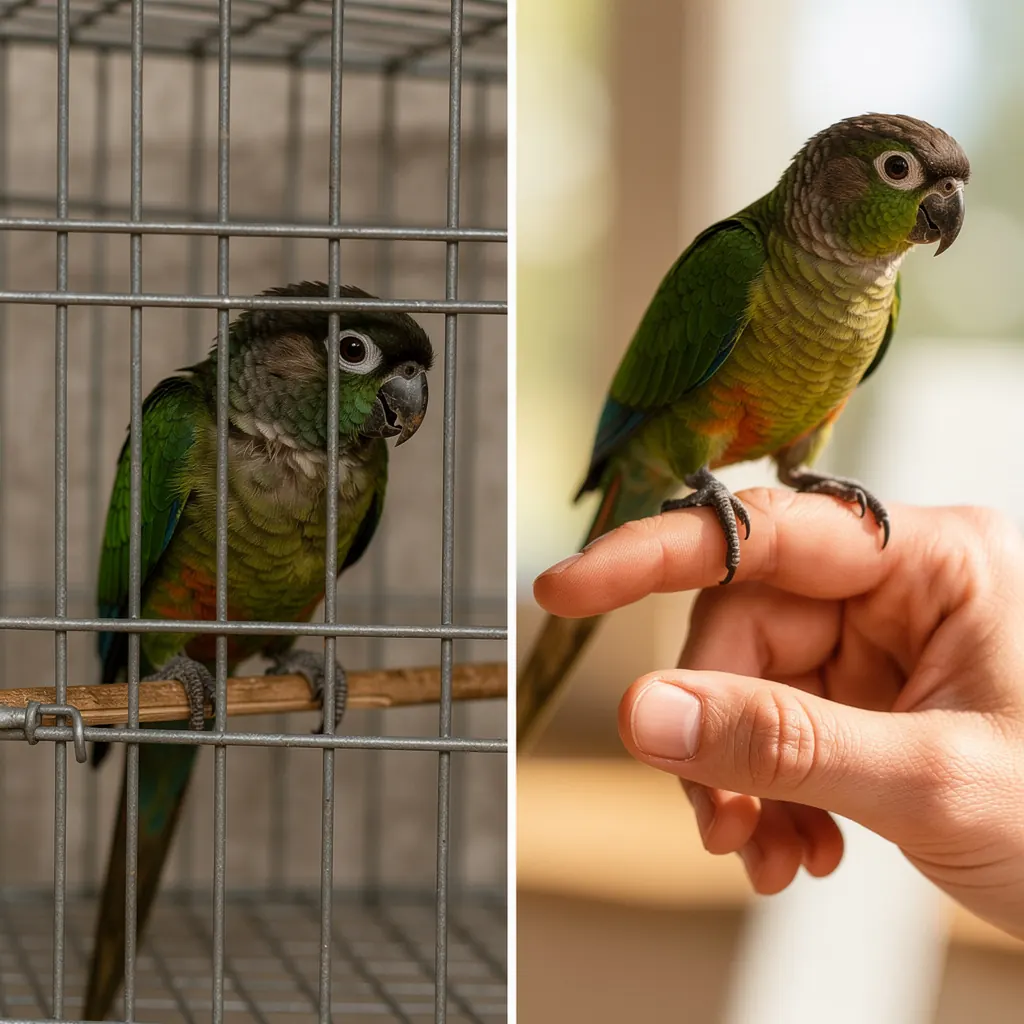 Before and after, a sad parrot in a bare cage versus an engaged parrot stepping up to a hand