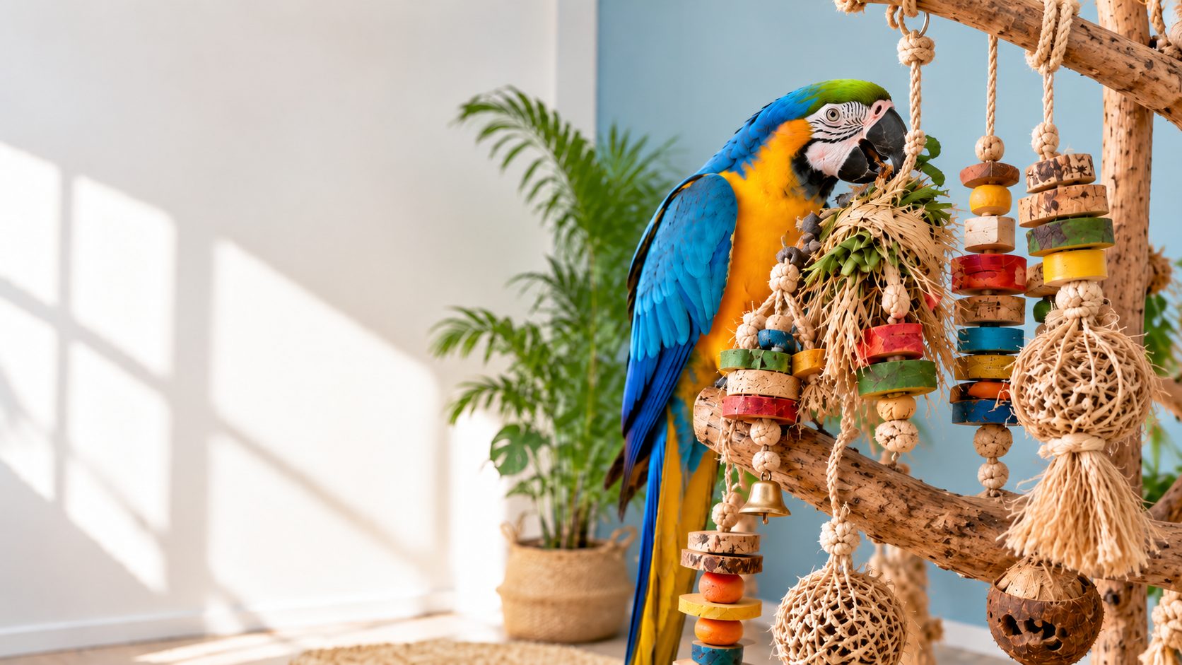 A blue and gold macaw chewing a hanging foraging toy in a sunlit room