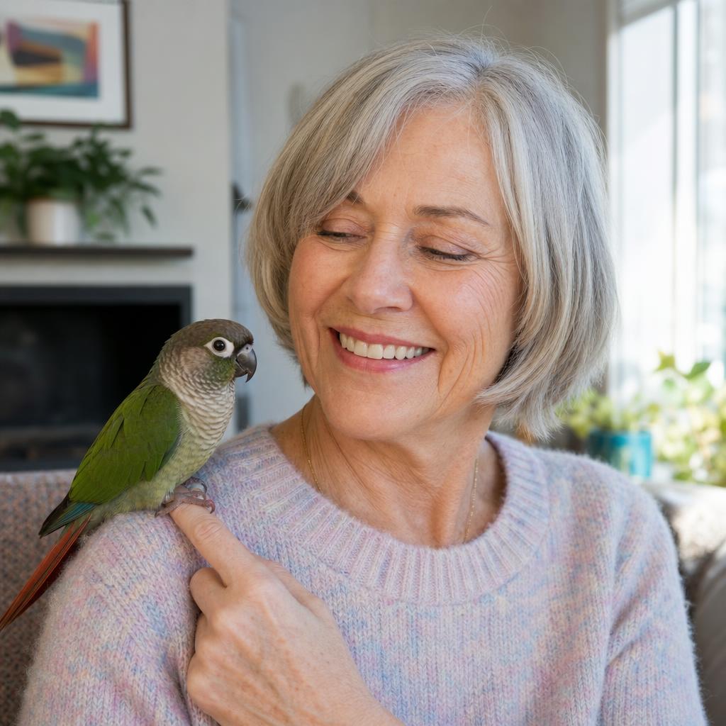 A smiling grey-haired woman at home with her green cheek conure perched on her shoulder