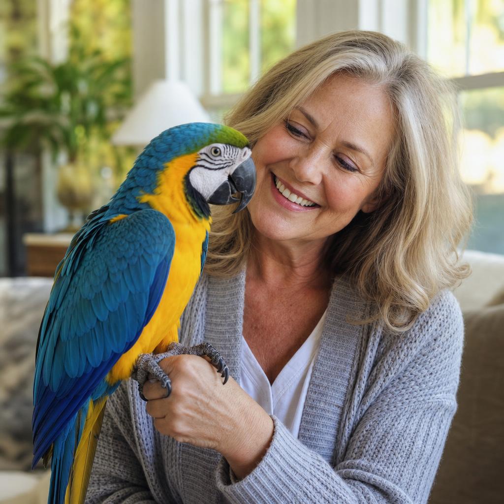 A smiling woman in her fifties at home with her calm blue and gold macaw perched on her hand