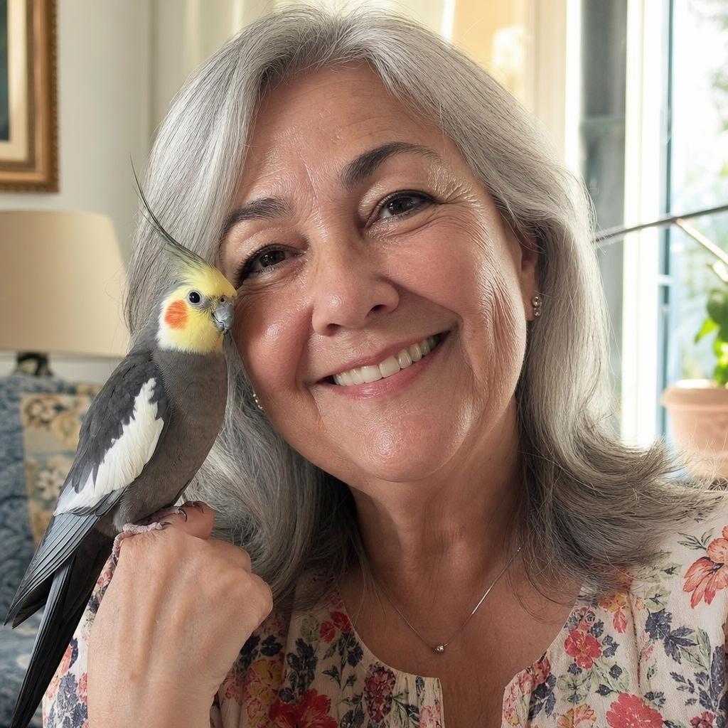 A smiling woman with silver hair holding her cockatiel close to her cheek at home