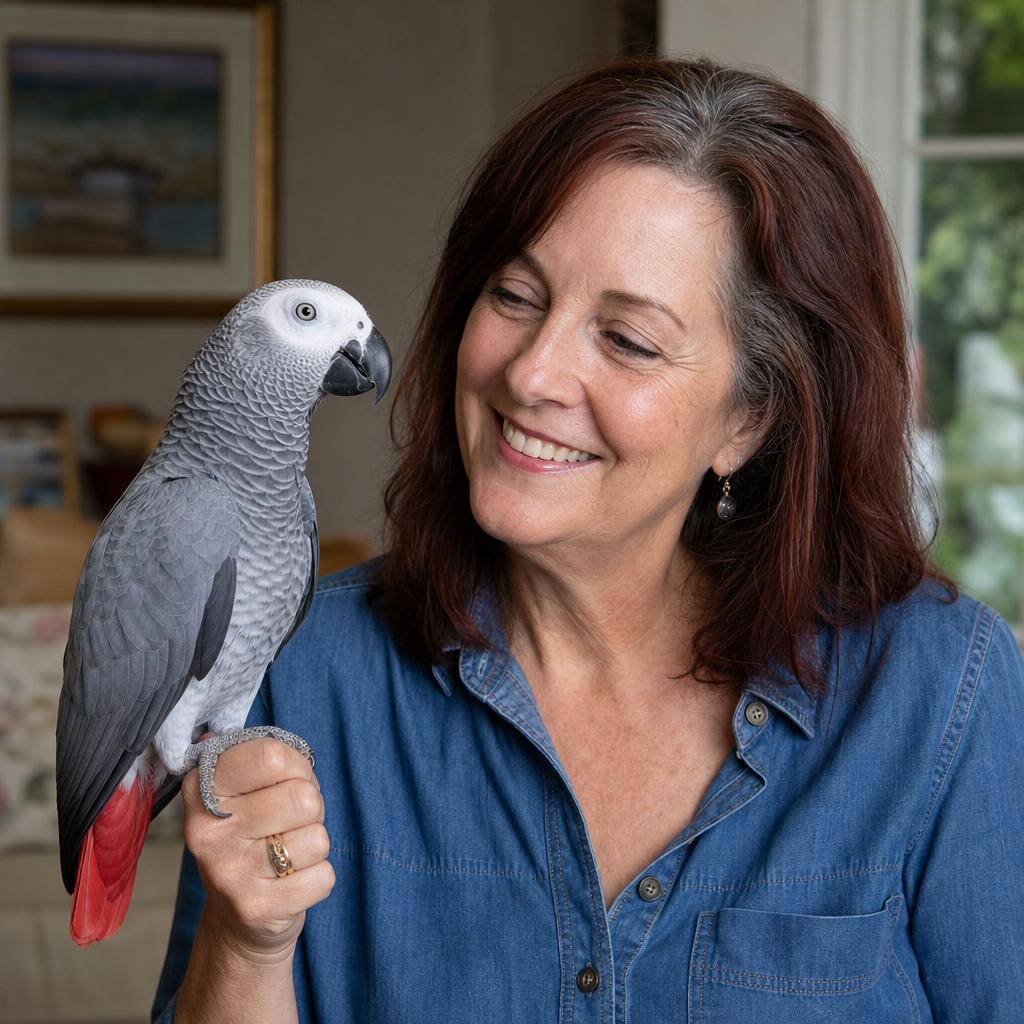 A smiling woman at home with her calm Congo African grey perched on her hand