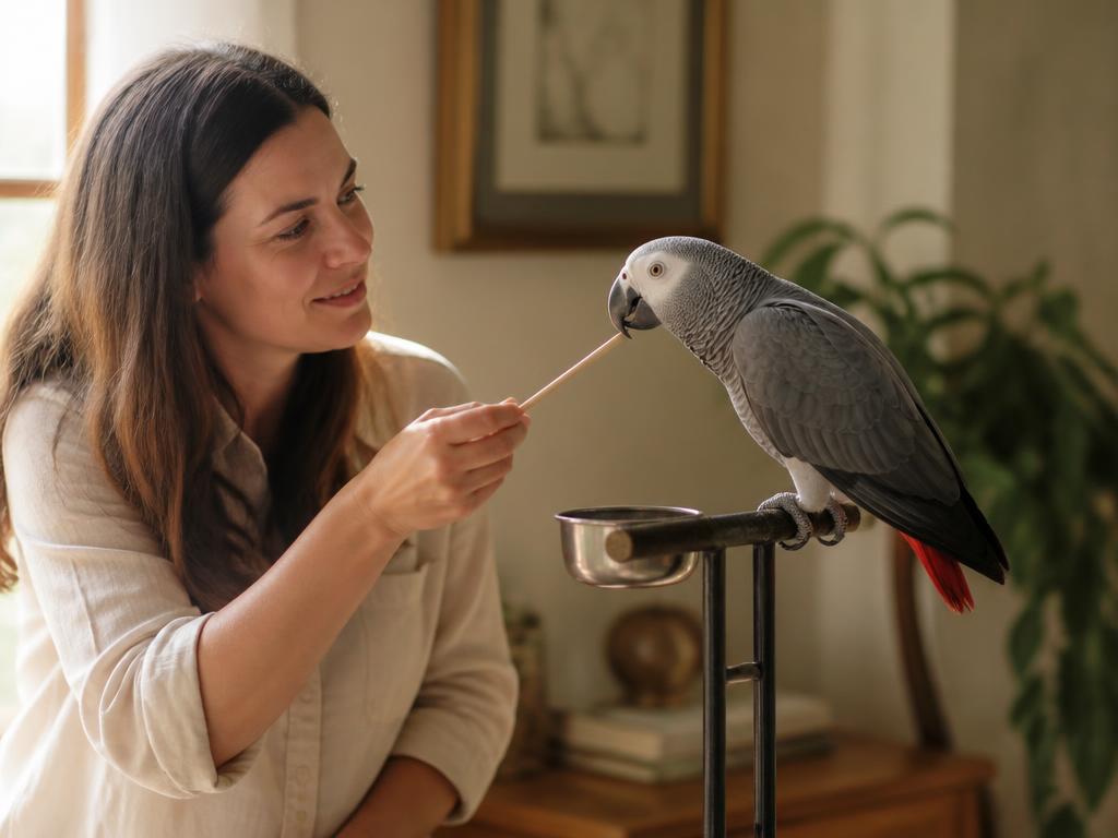A calm African grey parrot learning a quiet target cue with a trainer in a warm home setting