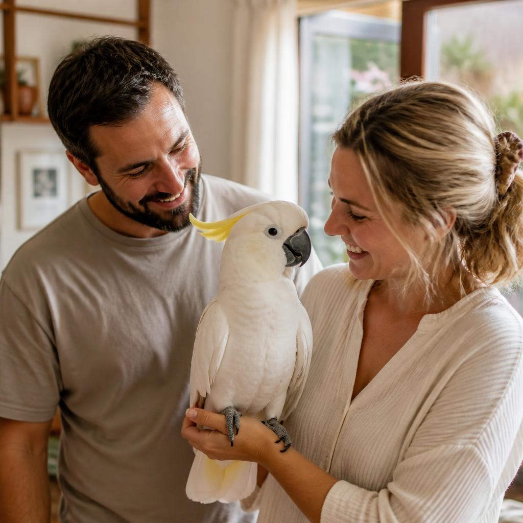 A happy couple with their calm cockatoo