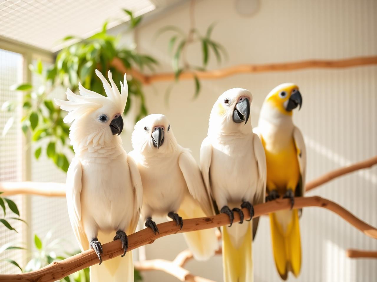 Rescued cockatoos perched together in a bright indoor sanctuary
