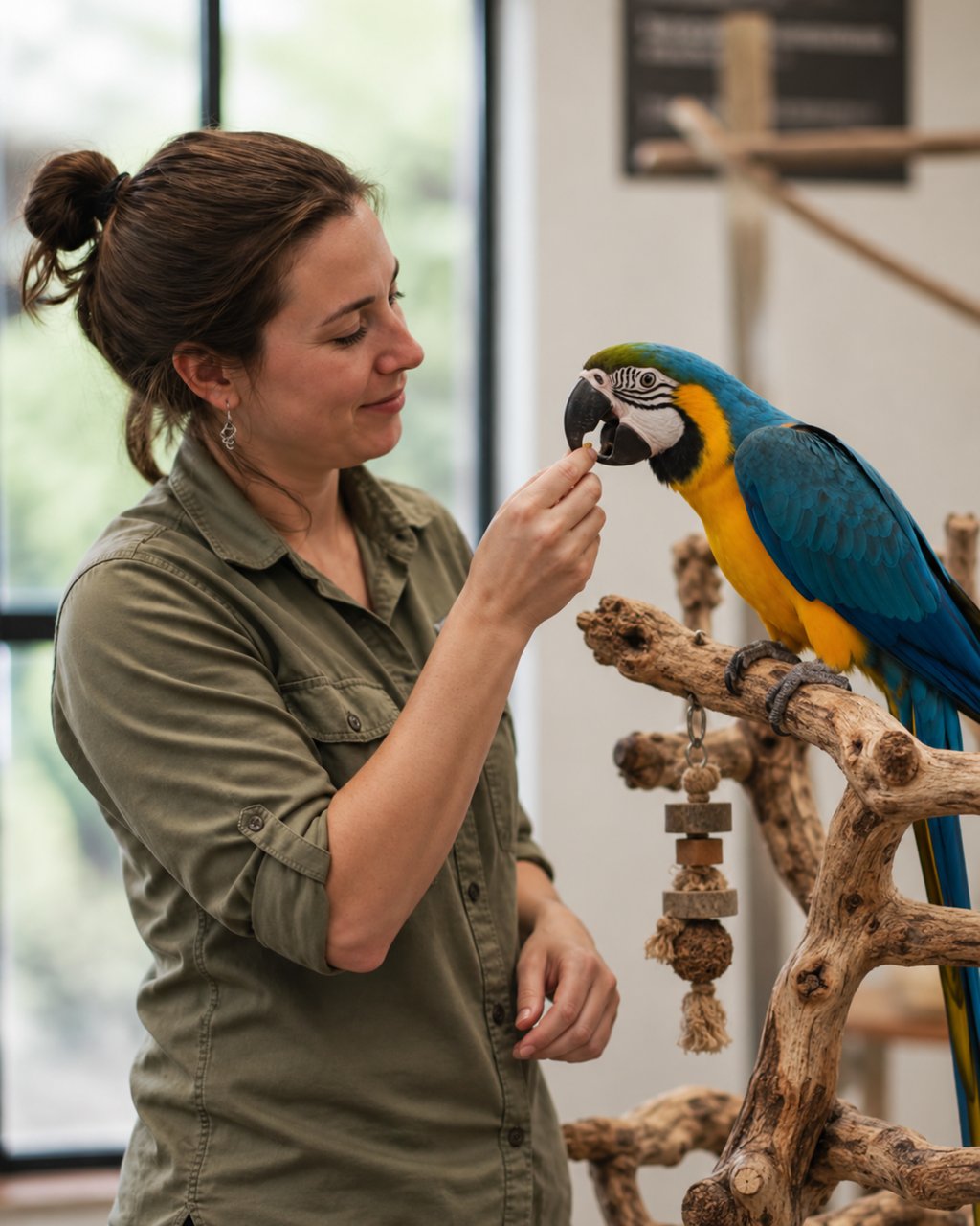 A professional bird trainer offering a treat to a blue and gold macaw perched on a stand
